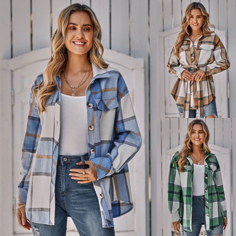 Women's single breasted casual plaid women's coat