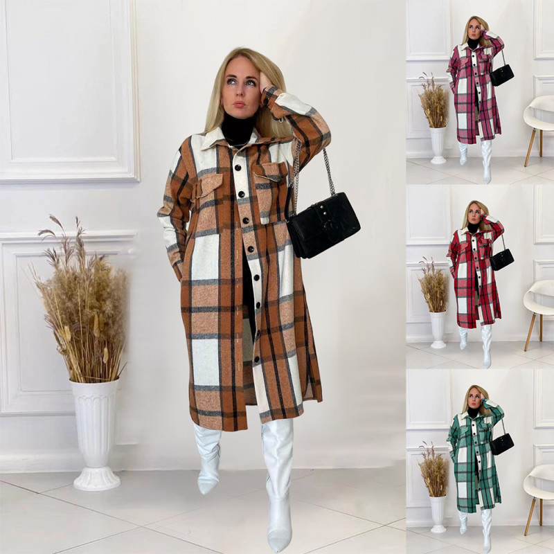 Woolen plaid shirt loose women's medium long coat