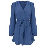 Women's fashion V-neck long sleeved solid casual jumpsuit