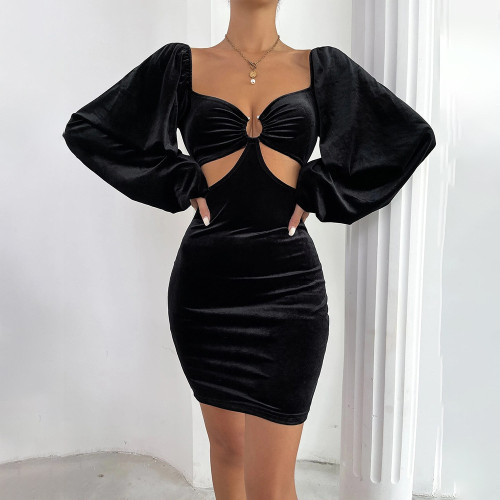 Women's sexy hollow ring slim waist style bubble sleeve hip wrap velvet dress