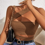 Women's new sexy hollow knit vest super short diagonal shoulder wrap top