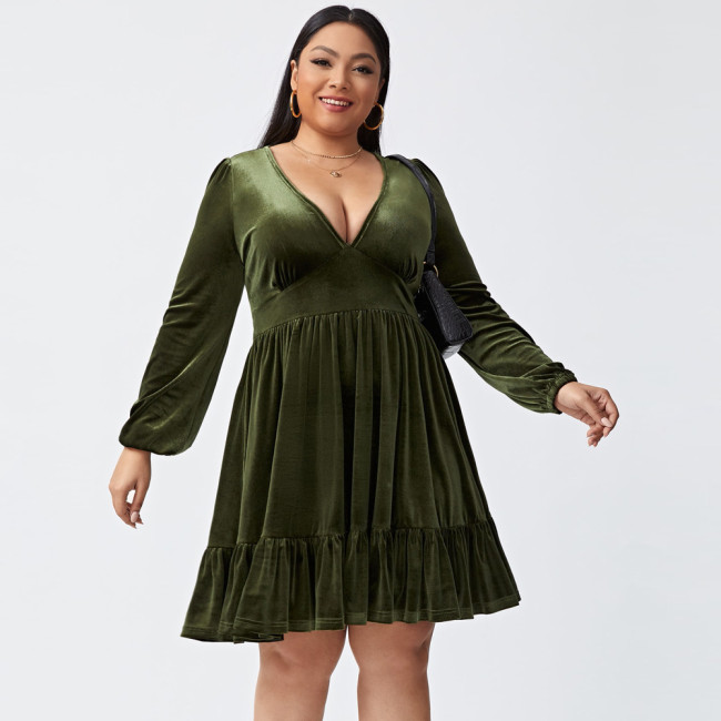 Oversized Women's V-neck Waist Slim Long Sleeve Sexy Velvet Dress