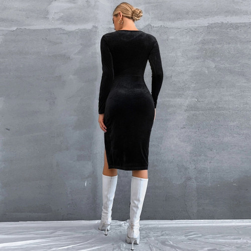 Women's sexy split temperament slim square neck long sleeve velvet hip wrap dress dress