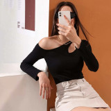 Sexy hollow waist casual long sleeved women's T-shirt top