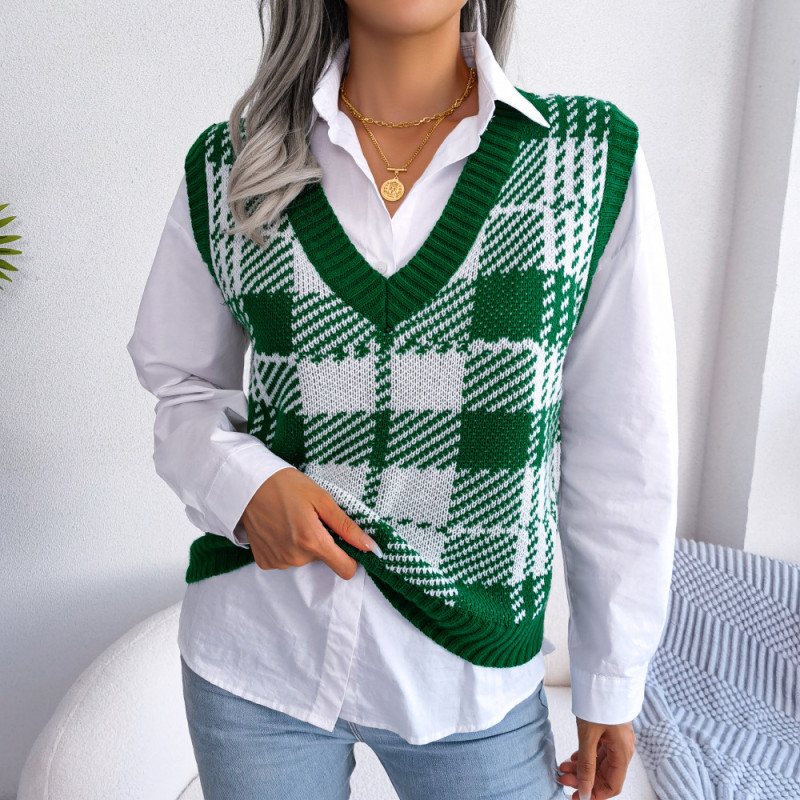 Casual contrast plaid knitted vest sweater vest