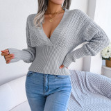 Hollow out V-neck bat sleeve waist pullover sweater