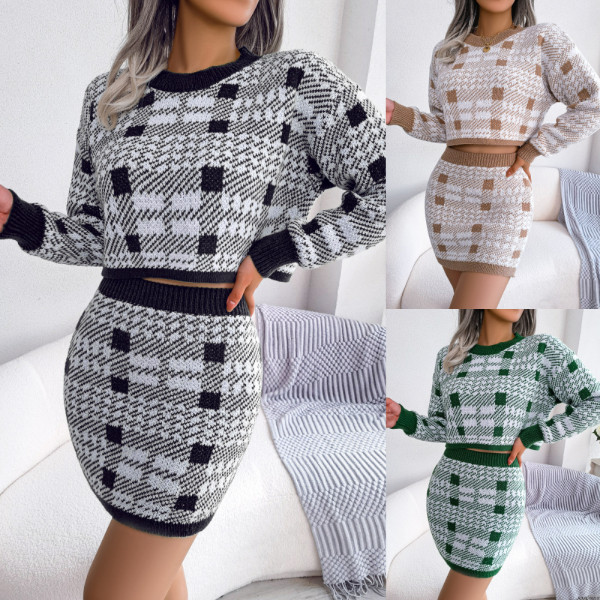 Contrast checked open navel sweater hip skirt knitting suit