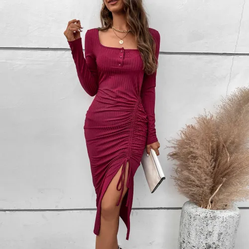 Split Drawstring Slim Square Neck A-line Dress Wrap Hip Long Sleeve Dress