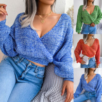 Colorful cross V-neck lantern sleeve open navel sweater Colorful cross V-neck lantern sleeve open navel sweater