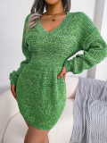 Colorful lantern sleeve waist wool dress