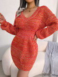 Colorful lantern sleeve waist wool dress