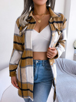 Casual Contrast Plaid Long Sleeve Strap Heavy Woolen Coat Casual Contrast Plaid Long Sleeve Strap Heavy Woolen Coat