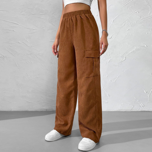 Women's loose elastic waist overalls corduroy wide leg straight casual trousers