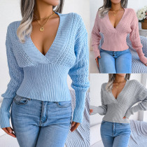 Hollow out V-neck bat sleeve waist pullover sweater Hollow out V-neck bat sleeve waist pullover sweater