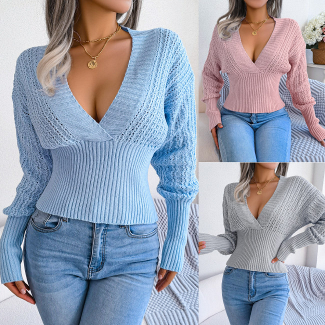 Hollow out V-neck bat sleeve waist pullover sweater