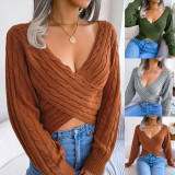 Sexy cross V-neck fried dough twist long sleeve open navel sweater