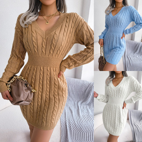 Fashion waist fried dough twist wrap buttocks dress wool dress