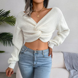 Long sleeve knotted open navel knitting sweater