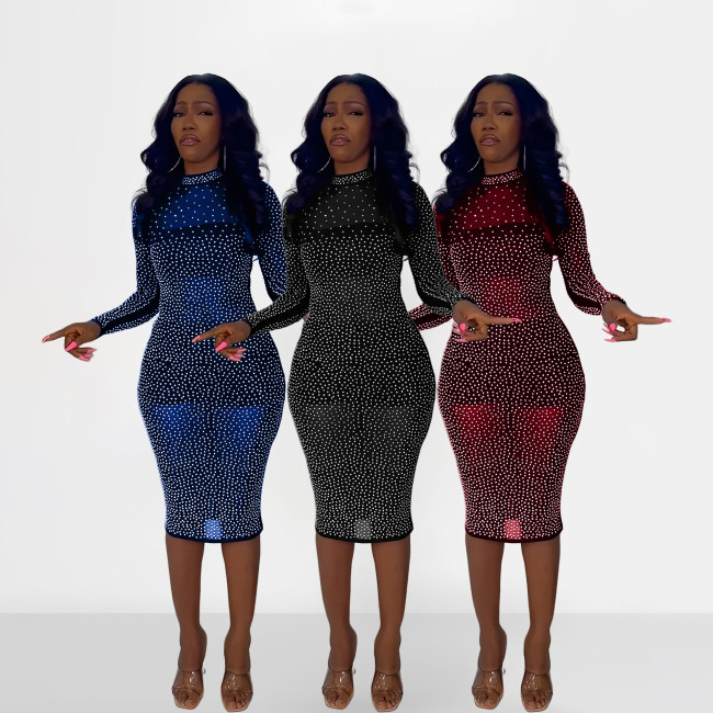 Nightclub Mesh Perspective Hot Drill Pencil Dress Dress