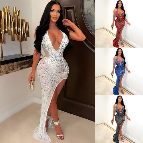Women's mesh hot drill neck irregular dress dress