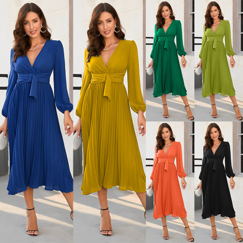 Long sleeve slim pleated belt V-neck European and American dress
