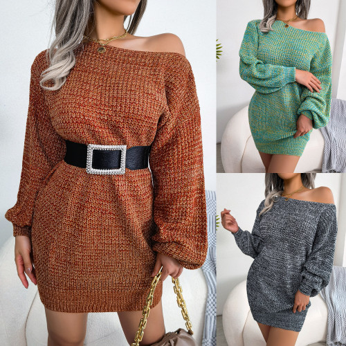 Autumn and winter casual off the shoulder color lantern sleeve knitted wool dress