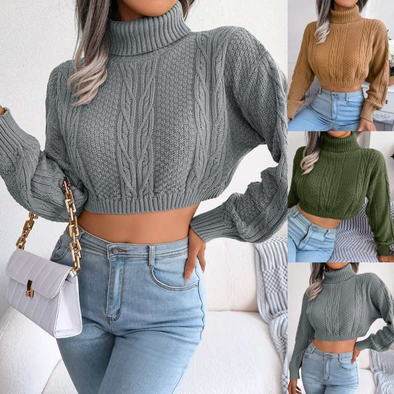 Casual fried dough twist long sleeved high neck open navel knitting sweater