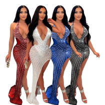 Women's mesh hot drill neck irregular dress dress