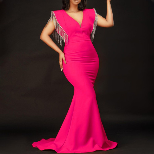 V-neck sexy tassel evening dress bridesmaid dress dress