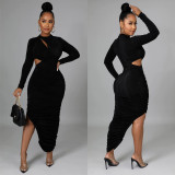 Fashion Women's Solid Pleated Round Neck Long Sleeve Long Dress Dress