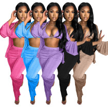 Women's autumn and winter velvet cardigan wide leg trousers sexy three piece set