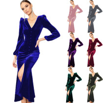 Knitted V-neck shoulder pad long sleeve dress with intellectual temperament
