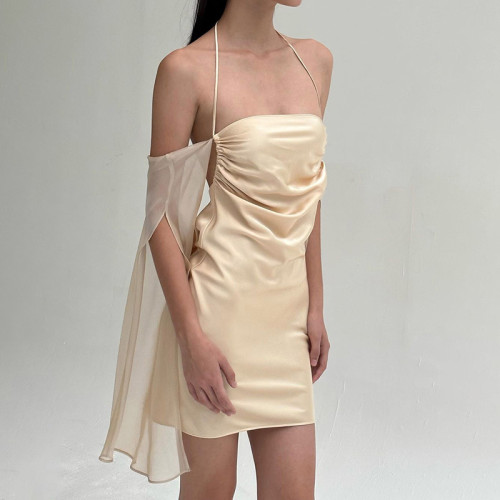 Temperament Mesh Sleeves Open Back Dress Sexy Fashion Pure Desire to Shrink Pleated Hip Wrap Dress
