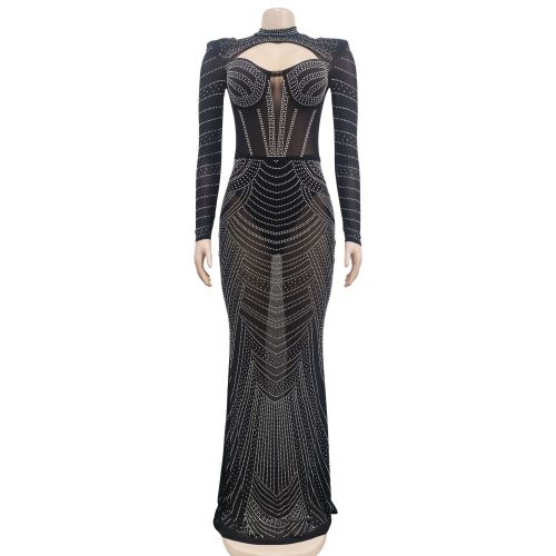 Fashion women's solid color hot drill mesh long sleeve v-neck dress