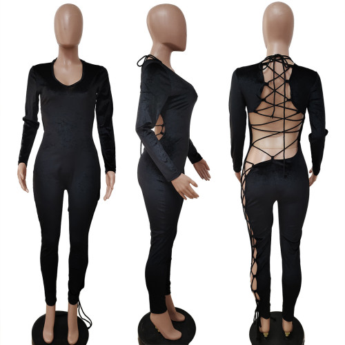 Women's gold velvet strapping explosive jumpsuit LD81080