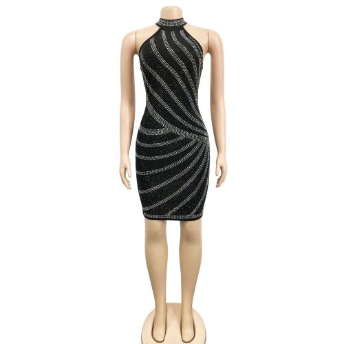 Fashionable Women's Sleeveless Hanging Neck Scalded Mesh Perspective Dress