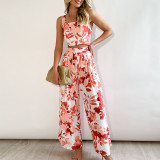 Short printed waistcoat high waist wide leg trousers casual suit