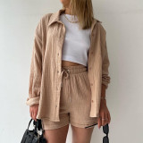 Wrinkle lapel long sleeve shirt high waist drawstring shorts large fashion casual suit