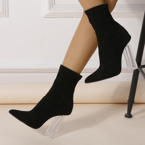 Women's thick heel Martin boots High heel women's shoes Crystal heel elastic medium tube thin boots