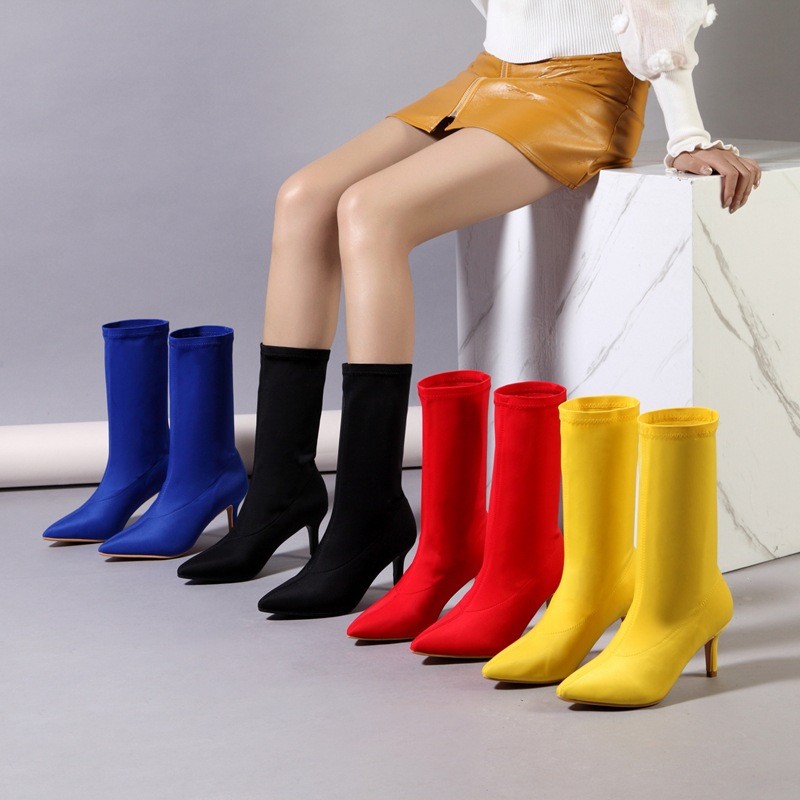 Fashion Pointy Suede Candy Color Leggings Solid Long Boots Thin Heels Multi Color