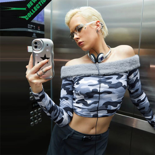 Fashion off the neck camouflage printing slim open navel T-shirt base