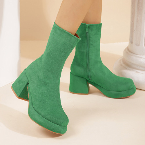 Large Heavy Heel Martin Boots Round Toe Side Zipper Medium Boots Suede Simple Medium Heel Slim Sleeve Boots
