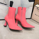 Fashion multicolor pointed patent leather candy color slip on solid medium boots with thin heels