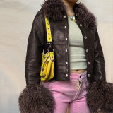 Leather patchwork wool collar jacket vintage style wool sleeve slim fit coat