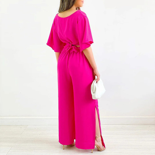 V-Neck Ruffle Sleeve Short Sleeve Shirt High Waist Wide Leg Pants Large Casual Set