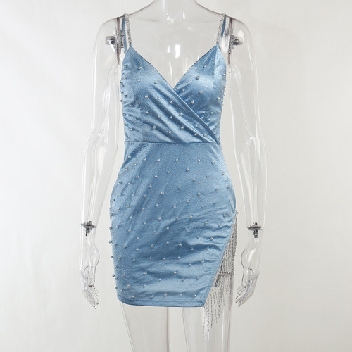 Satin Studded Bead Strap Tassel Hip Wrap Dress Sexy V-Neck Slim Slim Split Chain Dress