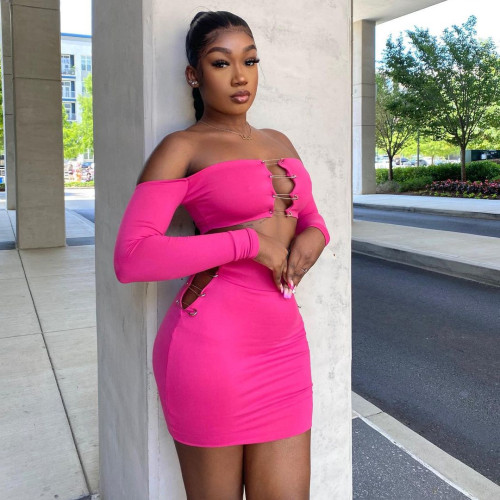 Solid backless off shoulder top hip wrap large short skirt suit