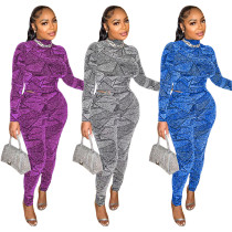 Women's clothing Autumn and winter new simple fashion half high collar pullover silver silk blouse trousers suit