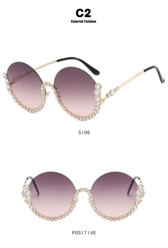 Round diamond set metal sunglasses Half frame sunglasses Gorgeous gradual change sunglasses