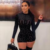 Women's velvet corrugated printing round neck invisible zipper slim long sleeve one-piece shorts